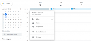 Screenshot showing how to use a calendar by setting your working location in Google Calendar