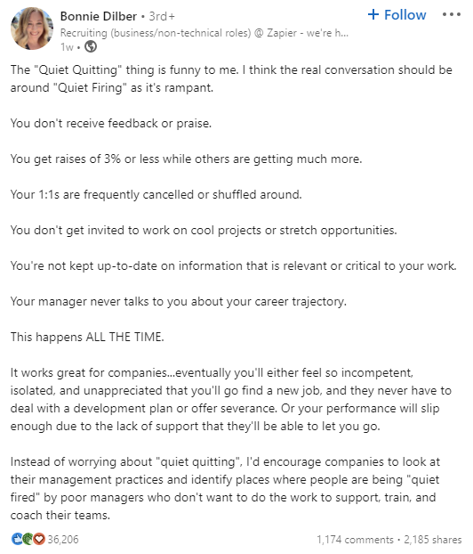 A viral linkedin post by Bonnie Dilber explaining quiet firing