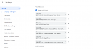 Screenshot showing how to set different time zones in Google Calendar to help with organizing calendar.