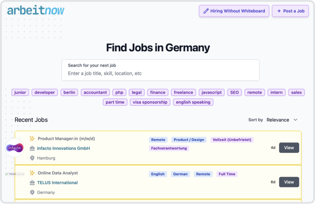 Arbeitnow job board Home Screen